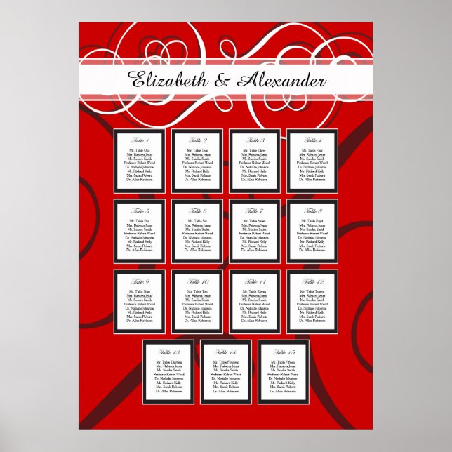 Póster Elegante Boda negro rojo 15 Tabla de asientos (Frente)