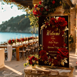 Póster Elegante Boda Rosa Roja Borgoña y Oro