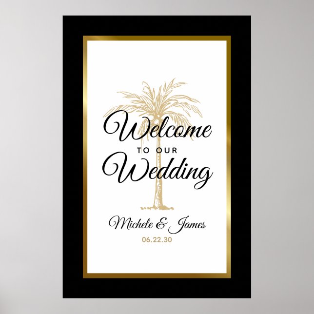 Póster Elegante Boda Tropical Gold Palm Tree (Frente)