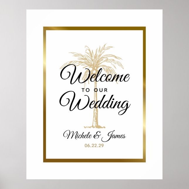 Póster Elegante Boda Tropical Gold Palm Tree (Frente)