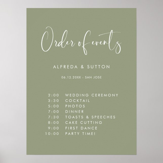 Póster Elegante boda verde sabio moderno Orden de eventos (Frente)