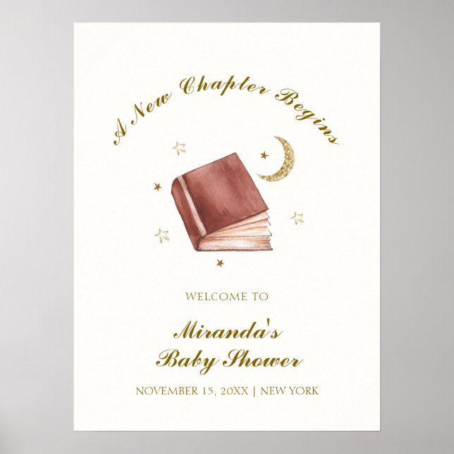 Póster Elegante Boho Book Moon Star Baby Shower Bienvenid (Frente)