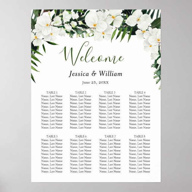 Póster Elegante Boho de orquídeas blancas 8 mesas con GRÁ (Frente)