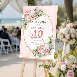 Póster Elegante Boho Rosa Floral Cumpleaños 40 Bienvenido