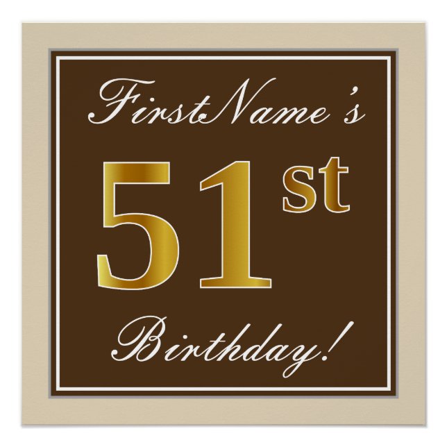 Póster Elegante, Brown, Faux Gold 51st Birthday + Nombre (Anverso)