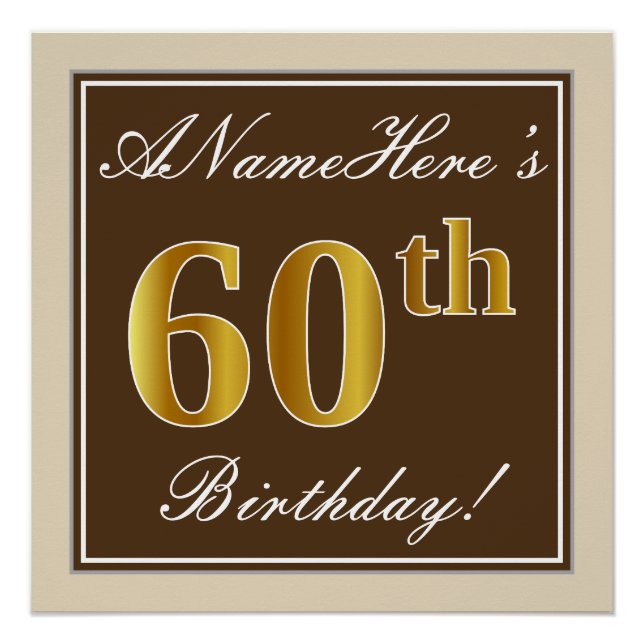 Póster Elegante, Brown, Faux Gold 60 cumpleaños + nombre (Anverso)