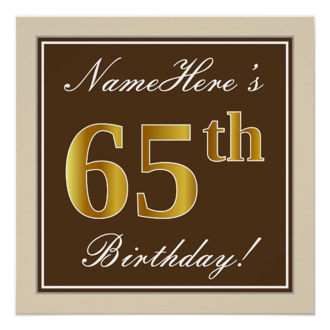 Póster Elegante, Brown, Faux Gold 65th Birthday + Nombre (Anverso)