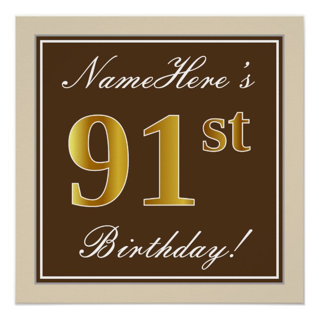 Póster Elegante, Brown, Faux Gold 91st Birthday + Nombre (Anverso)