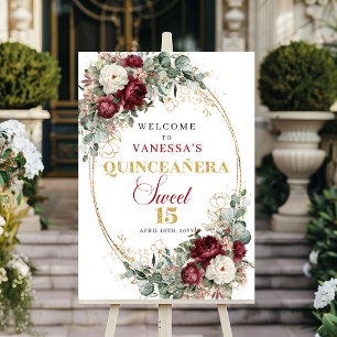 Póster Elegante Burgundy Floral Dorado Bienvenida Quincea