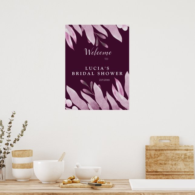 Póster Elegante Burgundy Hojas Grandes Bienvenida a la Bo (Cocina)