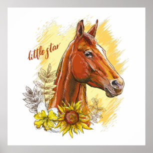 Póster Elegante caballo de dibujo a mano con plantas y fl