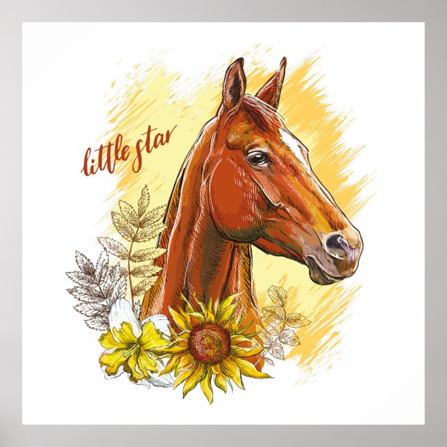 Póster Elegante caballo de dibujo a mano con plantas y fl (Frente)