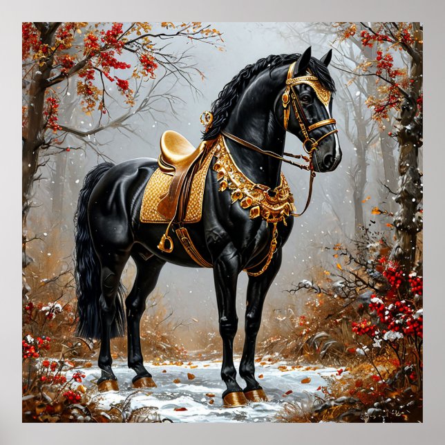 Póster Elegante caballo negro adorado en el grito dorado (Frente)