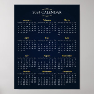 Póster Elegante Calendario Dorado y Azul 2024 POSTER
