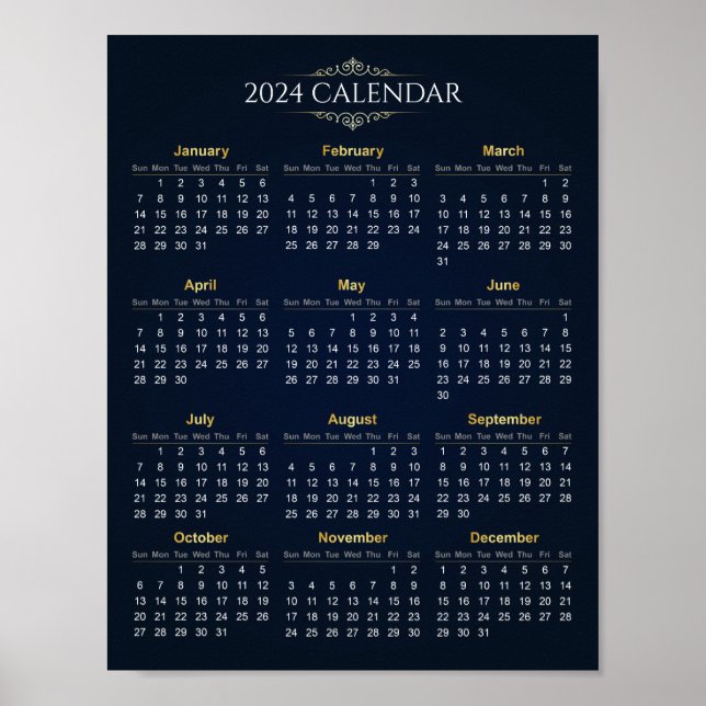 Póster Elegante Calendario Dorado y Azul 2024 | POSTER (Frente)