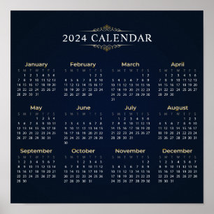 Póster Elegante Calendario Dorado y Azul 2024   POSTER