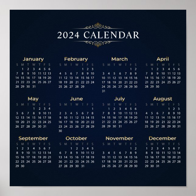 Póster Elegante Calendario Dorado y Azul 2024 | POSTER (Frente)