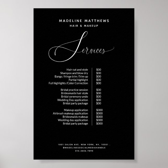Póster Elegante Caligrafía Black Salon Price List Service (Frente)