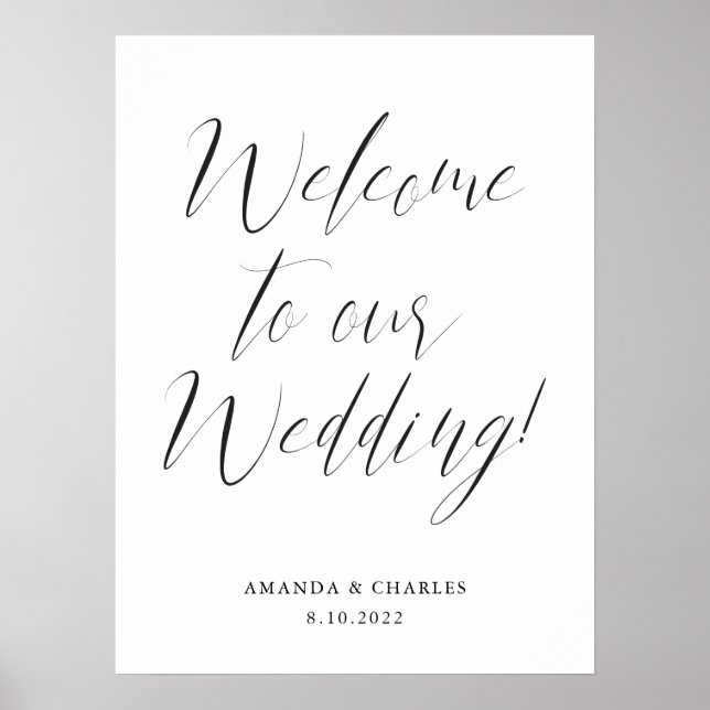 Póster Elegante caligrafía Boda blanco negro bienvenida (Frente)