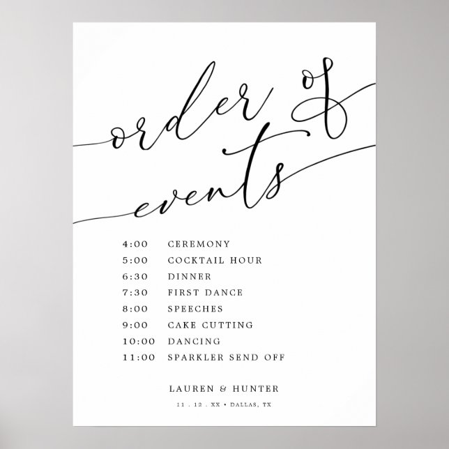 Póster Elegante caligrafía Boda Orden de eventos Rótulo (Frente)
