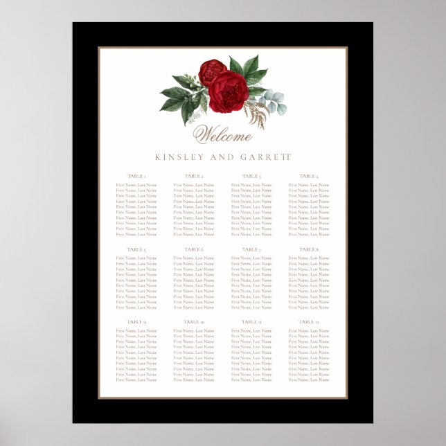 Póster Elegante caligrafía de oro Boda floral rojo (Frente)