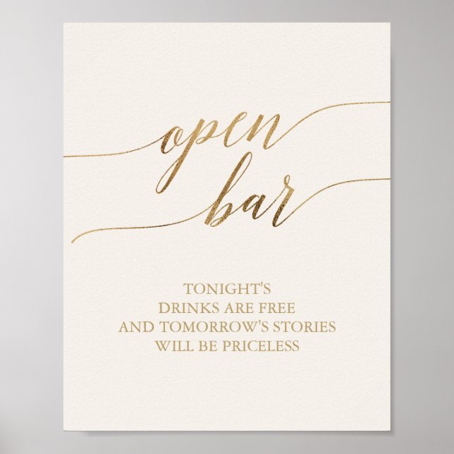 Póster Elegante caligrafía de oro | Rótulo Ivory Open Bar (Frente)