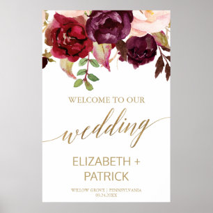 Póster Elegante caligrafía dorada bienvenida Boda floral