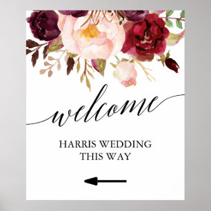 Póster Elegante caligrafía Floral Bienvenida Boda Rótulo