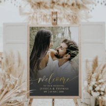 Elegante Caligrafía Foto de Boda Negra y Dorada