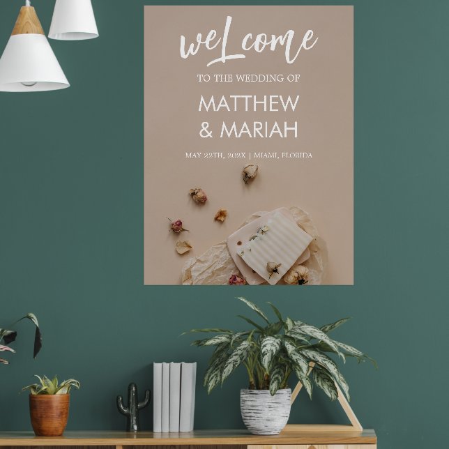 Póster Elegante caligrafía negra bienvenida Boda floral (Salón 1)