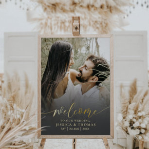 Póster Elegante Caligrafía Negra y Dorada Foto de Boda