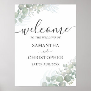 Póster Elegante caligrafía y eucalipto Boda de bienvenida