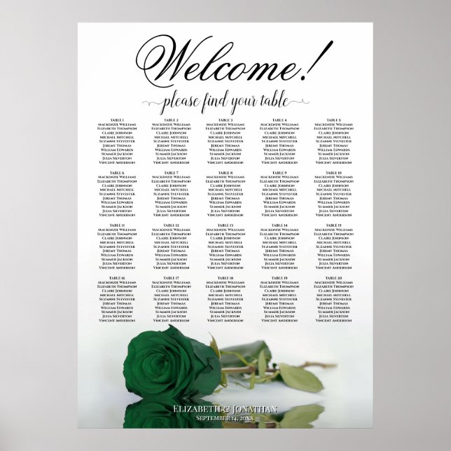 Póster Elegante Carta de Asientos de Mesa de Rosa Verde E (Frente)