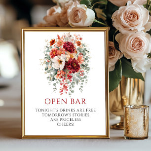 Póster Elegante cartel boho borgoña floral barra abierta