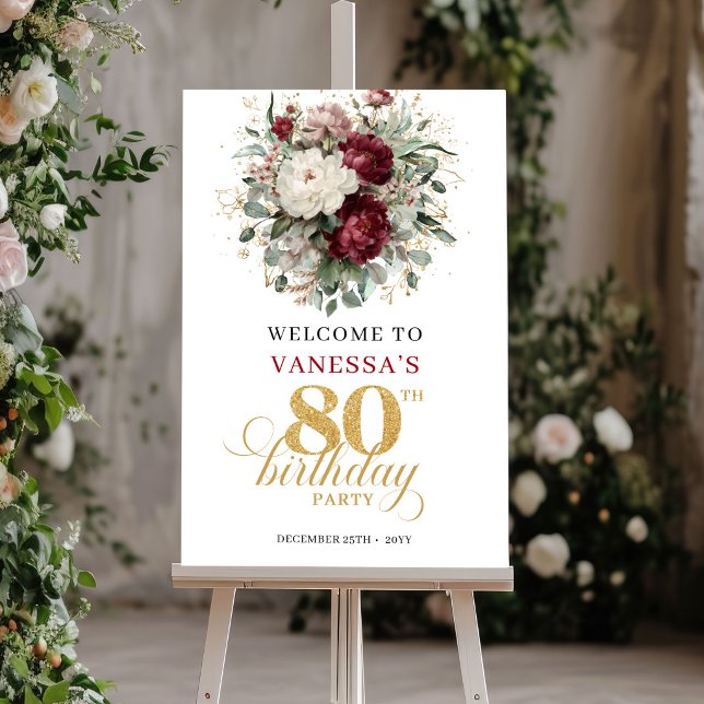 Póster Elegante cartel de bienvenida Boho Marsala 80 cump (Elegant Boho Marsala 80th Birthday Welcome Sign)
