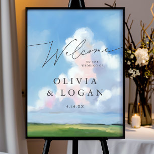 Póster Elegante cartel de bienvenida de boda con paisaje