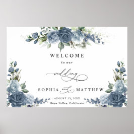 Póster Elegante cartel de bienvenida de boda floral azul 