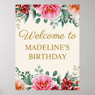 Póster Elegante cartel de bienvenida de cumpleaños floral