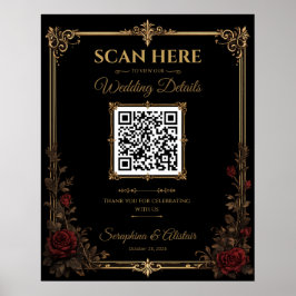 Póster Elegante cartel de código QR de boda gótica oscura