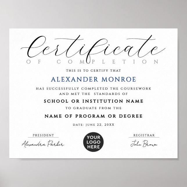 Póster Elegante certificado azul negro Diploma digital (Frente)