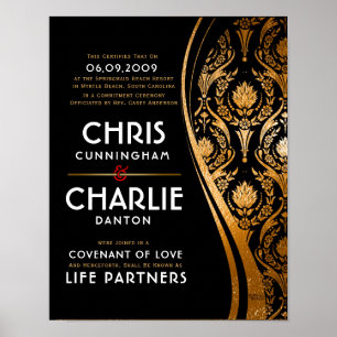 Póster Elegante certificado de Boda blanco negro dorado