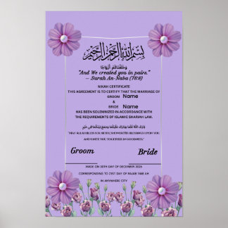 Póster Elegante certificado islámico Nikah de flor de lil