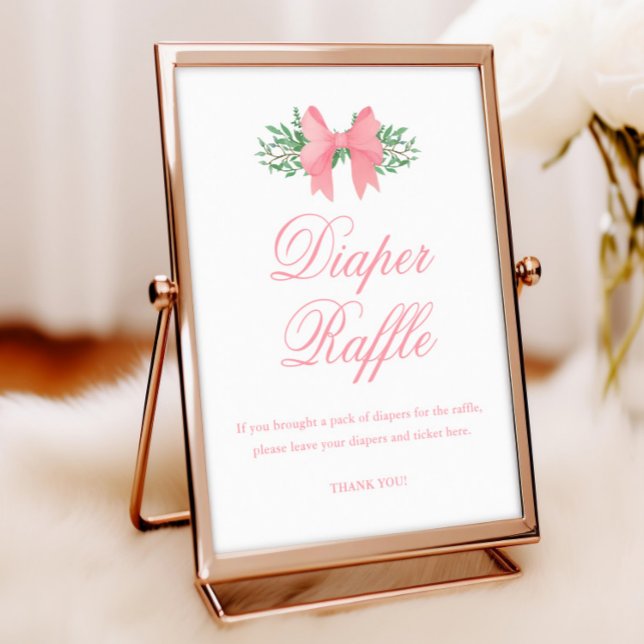 Póster Elegante Chica de Bow Rosa Baby Shower Diaper Raff (Elegant Pink Bow with Greenery Baby Shower Diaper Raffle Poster.)