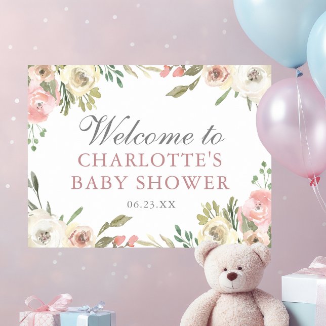 Póster Elegante Chica Floral Rosa Bienvenida Baby Shower (Subido por el creador)
