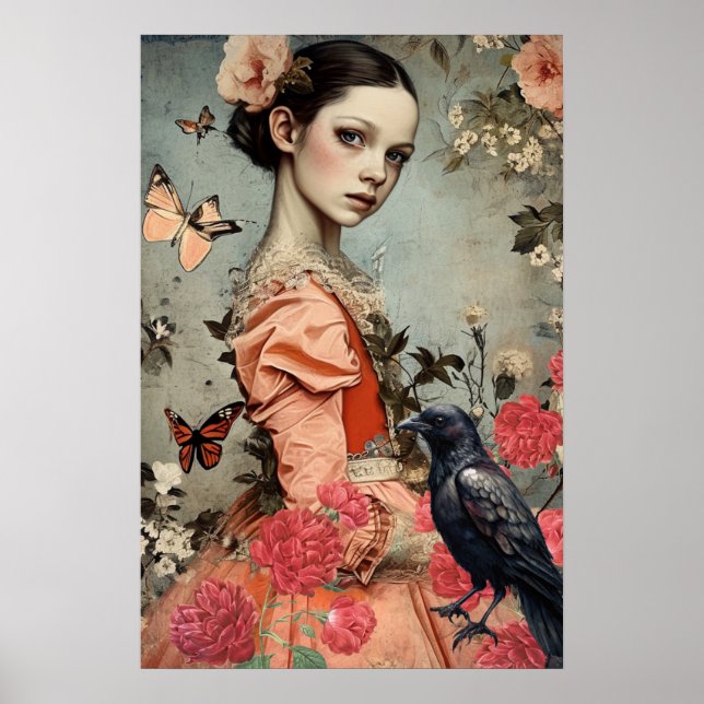 Póster Elegante Chica gótico victoriano Floral & Raven (Frente)
