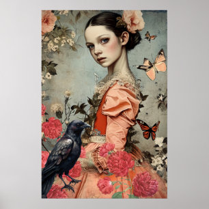 Póster Elegante Chica gótico victoriano Floral & Raven