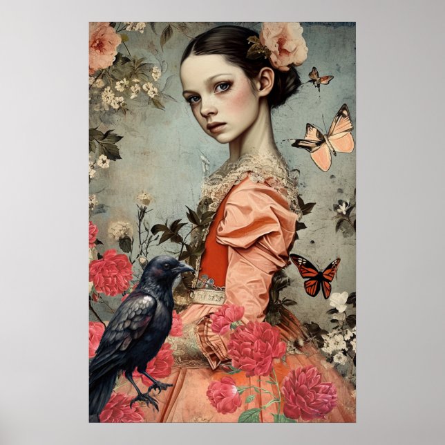 Póster Elegante Chica gótico victoriano Floral & Raven (Frente)