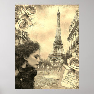 Póster Elegante Chica victoriano y gato negro en París