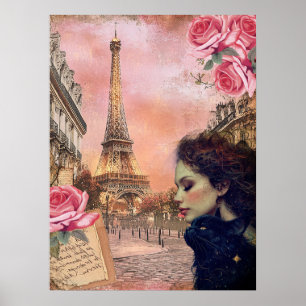 Póster Elegante Chica victoriano y gato negro en París