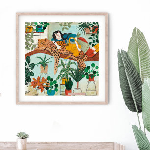 Póster Elegante chicas verdes tropical Leopargle floral